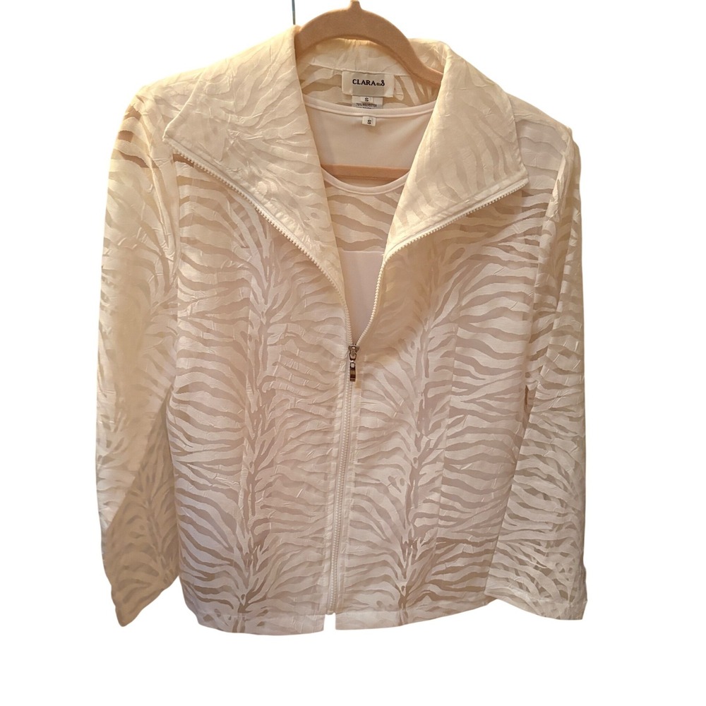 Clara S White Zebra Burnout Zip Jacket and Tank Top Twin Set Womensβ Small